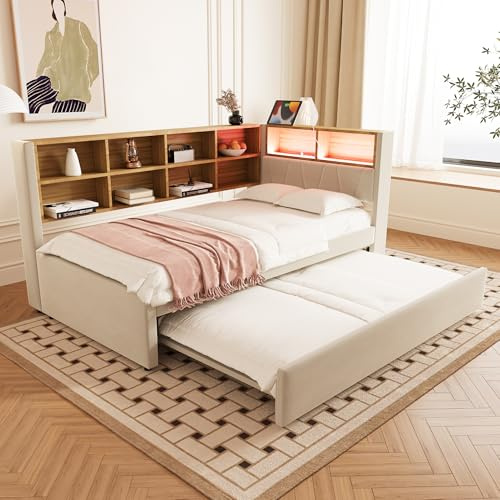 Oxtao Divano letto con letto estraibile, leggere 90 x 200 cm, letti singoli con luci a LED, prese e ripiani, multifunzione, telaio in flanella (beige, 90 x 200 cm)