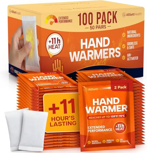 Disposable Hand Warmers Bulk Pack 50 Pairs (100 Warmers) 11+ Hour Air-Activated Hot Hands Hand Warmers Disposable - TSA Approved Pocket & Glove Warmers for Skiing (50 Pairs (100 Warmers))