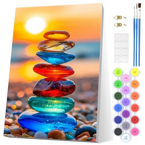 EOBROMD Pintar por Numeros Adultos, Playa al Atardecer Pintura por Numeros con Marco, Kit de Pintura al óleo de Lienzo DIY para con Pinceles, Pigmento Acrílico, Decoración para el Hogar 20x30cm