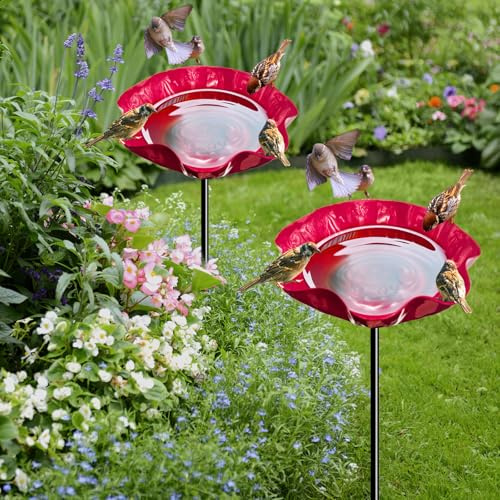 Flintronic 2 pcs Bain d'oiseaux, ∅14,5 cm, Hauteur 74 cm, Abreuvoir Exterieur, Acier Inoxydable Revêtu de Rouille, Mangeoire Oiseaux Décoration Jardin, Station d'Approvisionnement pour Oiseau Sauvages