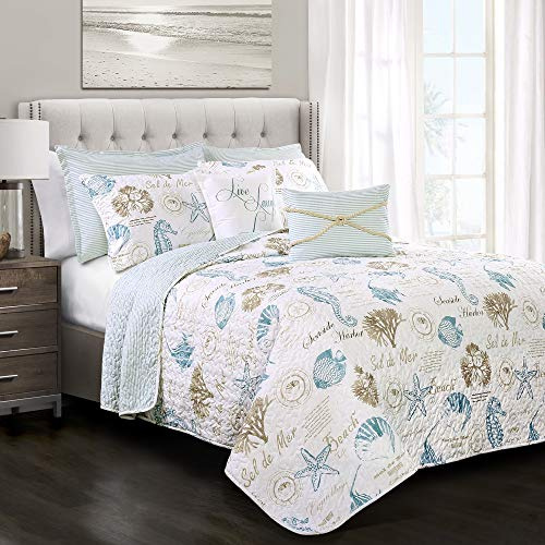 Lush Decor Harbor Life Reversible Quilt Set, 7 Piece Set, Full/ Queen, Blue & Taupe - Blue Quilt Queen Bedding Set - Coastal Decor - Nautical Bedding - Beach House