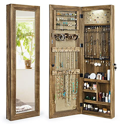 SRIWATANA Jewelry Armoire Cabinet, Solid Wood Jewelry Organizer with Full Length Mirror Wall/Door Mounted(Carbonized Black)