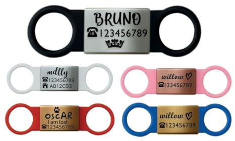 Slide On Dog Tag Silent Personalised Engraved Pet ID Tags UK Dangle-Free Identity Tag for Dog Cat Kitten Puppy Stainless Steel Elastic Silicone Collar Tag (M 1.8cm-4cm) Silver Black