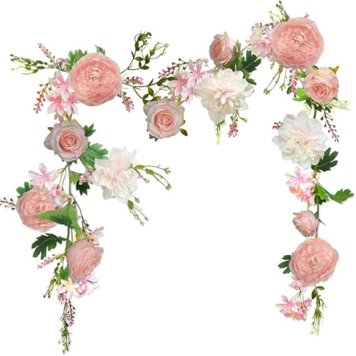 OrgMemory Rose Flower Vine, Peony Flowers, Center Flower Decoration, 6' Length, Floral Garland for Wedding Decor Home Table Runner Mantle Decoration