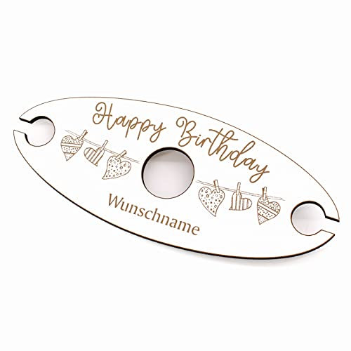 DEKO-LANDO Ovaler Weinglashalter Happy Birthday mit Name und Herz Motiv - Weinbutler für 2 Weingläser 27x11 cm
