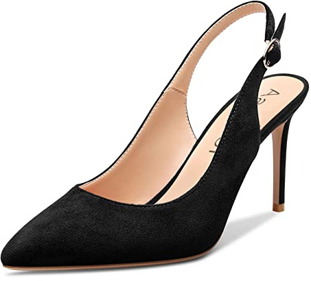Aachcol Femmes Aiguille Mi Haut High Talon Heel Escarpins Lanières Cheville Slingback Pointu Bout Dress Chaussures Bureau Party Mariage Suède Noir 8.5 CM 37 EU