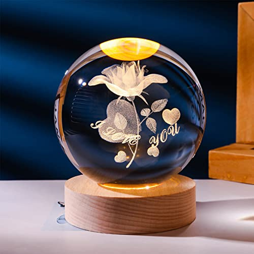 FullGen 3D Rose Crystal Ball Night Light, LED USB Crystal Ball Lamp with Wooden Base, I Love You Gift for Valentine's Day, Christmas, Anniversary