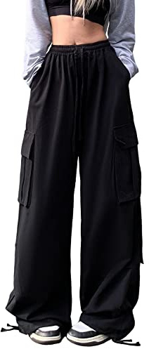 Linsennia Y2k Parachute Pants Wide Leg Cargo Trousers Women Baggy Girls Cargo Pants Loose Fit Elasticated Waist Streetwear (Black,M)