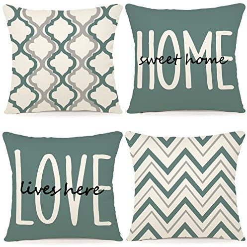 YCOLL Kissenbezug 40x40 4er Set Dekokissen Leinen Kissenbezüge Geometrische Muster Kissenhüllen für Sofa Schlafzimmer Couch Outdoor Kissen 40x40 Wassergrün