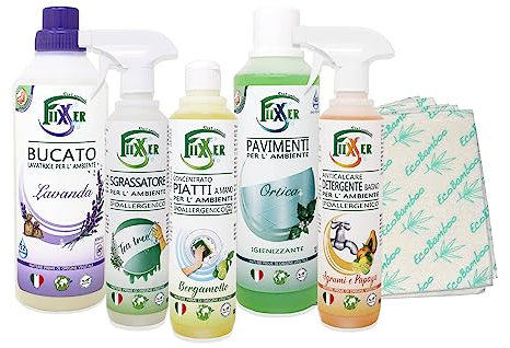 Fiixxer Detergente ecológico para limpieza de la casa, jabón para lavadora y colada, desinfectante para suelos y desengrasante hipoalergénico y limpiador antical (juego de 5) fragancia lavanda