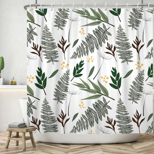 ASDCXZ - Tenda da doccia a foglie 180x180 cm, semplicità primaverile, foglie verdi marroni con macchia gialla e bianco, tenda da bagno lavabile in poliestere, impermeabile, per vasca da bagno con 12