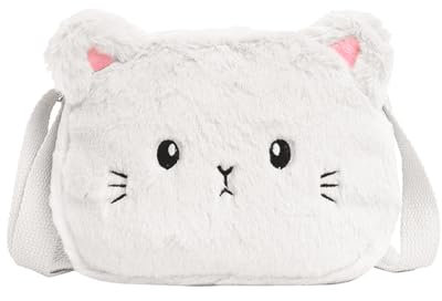 Cosswe Kinder Umhängetasche Mädchen, Plüsch Kindertasche Mädchen Handtasche Katze CrossBody Messenger Bag Verstellbare Umhängetasche Klein Katze Schultertasche-Weiße