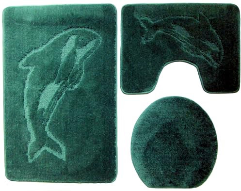 Ilkadim Export 3-teiliges Badset WC Delphin Muster einfarbig, Badteppich 55x85cm, WC-Vorleger mit Ausschnitt für Stand-WC (Dunkelgrün)