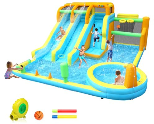 (2026 New) JOYMOR 11-in-1 Inflatable Water Slide for Kids Backyard w/ 2 Waterslide, 2 Basketball Hoop, Pool, Climbing Wall, Water Blasters, 1min Blow Up Water Slides Park w/ 750w Blower, Storage Bag