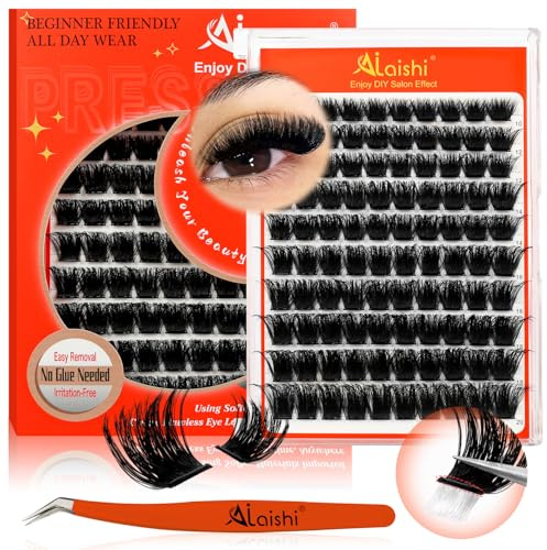 AILAISHI Self Adhesive Eyelashes, 200D Fluffy No Glue Needed Lashes, DIY Lash Cluster Eyelash Extensions Kit 10‑20mm,100pcs D Curl Soft Natural Lashes with Tweezers–Fake Cat Eye Individual Clusters