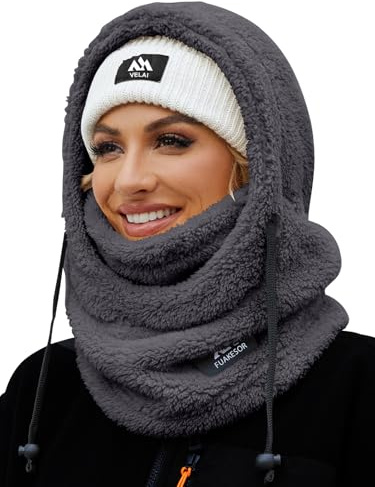 Fuakesor Fleece Balaclava Unisex Windproof Ski Mask Winter Thermal Motorcycle Balaclava Women Ski Face Cover Men Neck Warmer Scarf Cold Weather Hat(Dark Grey)