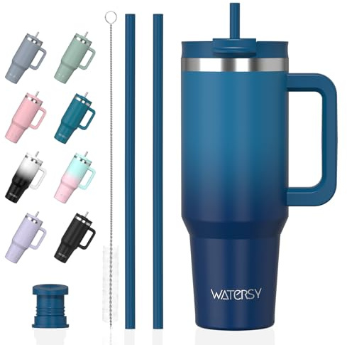 WATERSY 30oz Travel Mug Coffee Cup with 2 Straws, Tumbler Lid and Handle, Stainless Steel Double Wall Vacuum Insulated Coffee Water Bottle Thermal for Cold Hot Coffee 891ml Gradient Blue
