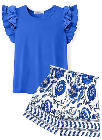 Arshiner Set di Abbigliamento per Ragazze Set a Due Pezzi a Maniche Corte Camicia Blu Maglietta con Volant Set per Bambini Completo Chic in Cotone Casual per Bambini con Tasca 8-9 Anni