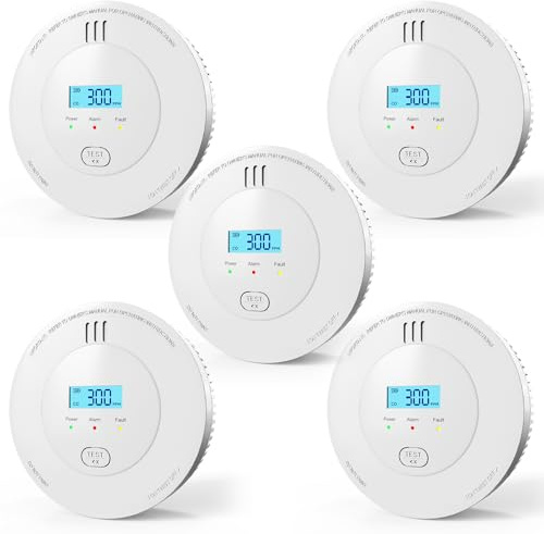 FUMIXTEX 2-in-1 Smoke and Carbon Monoxide Detector Combo Replaceable 10 Year Battery Powered, CO & Fire Alarm with Clear LCD Display, LED Indicator for Home Safety Protection,5 PCS