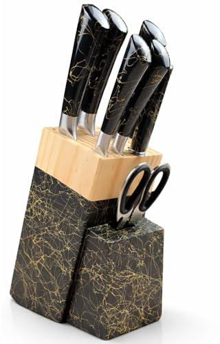 NIDETTI – Set de Cuchillos de Cocina 7 Piezas con Taco – Acero Inoxidable Profesional, Diseño Moderno Negro Marmolado, Mango Ergonómico Antideslizante, Incluye Tijeras – Alta Durabilidad