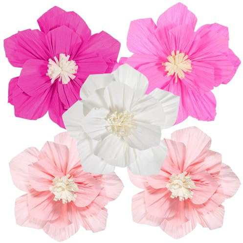 Grevosea 5 PCS Pink Paper Flowers, Artificial 3D Wall Décor Tissue Paper Flowers Crepe Decorations for Wedding Birthday Bridal Baby Shower Nursery Room Backdrop Table Centerpieces Party Supplies