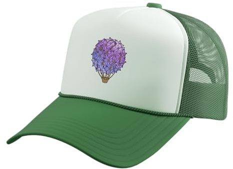 Hot Air Balloon Like Purple Colored Hydrangea Flowers Trucker Hat with Adjustable Mesh Back, Kelly Green/White