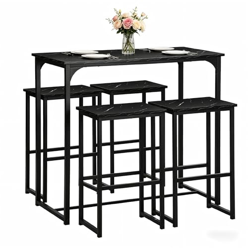 Songvas Tavolo da Pranzo con 4 Sedie, Tavolo e Sedie da Esterno Set 5 Pezzi Mobili Industriale Tavolo 100 x 50 x 90 cm, Sedie Cucina 40 x 30 x 65 cm, per Cucina, Nero Opaco + Venatura Marmo