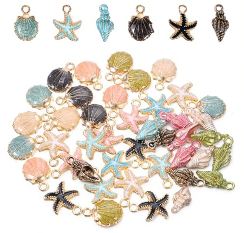 Aysatogc 30 Pcs Summer Beach Charms for Jewelry Making, Plated Enamel Ocean Starfish Conch Sea Shell Pendants DIY Charms Sea Necklace Pendant for DIY Bracelet Necklace Earrings Making Crafting