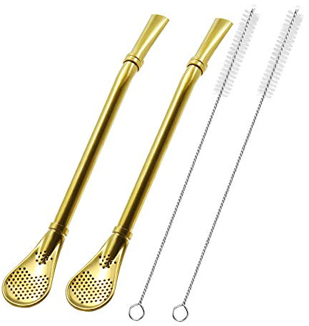 N A Steel Drinking Straws with Filter Spoon, 2 Pack Tea Straws, Mate Bombilla, Coffee Stirrer Stick for Iced Tea, Cocktail, with 2 Cleaning Brush (Gold), Golden