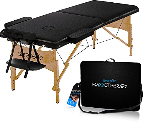 SereneLife Portable Massage Table – Professional 3-Section Adjustable Folding Bed with Carrying Bag for Therapy, Spa, Salon, Tattoo, and Facial Treatments – Black