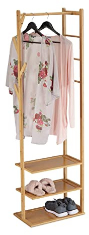 Relaxdays Perchero Burro Bambú y MDF, Armario Recibidor con 3 Baldas, 4 Ganchos, Barra para Colgar, 164x49x28cm, Natural