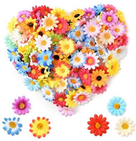 HUIANER 100PCS Artificial Sunflowers Heads, Fake Daisy Rose Flowers Head Silk Bulk Flower for Craft Bridal Hair Clips Dress Party Supply Table Decorative (Mix Colour)