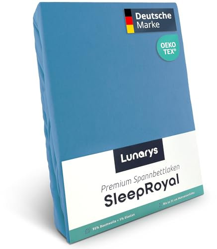 Lunarys® SleepRoyal Luxus Spannbettlaken 160x200cm - Hellblau - 250 g/m² Premium Bettlaken - 40 cm Steghöhe - für hohe Matratzen, Boxspringbett & Matratze + Topper & Wasserbett - Stretch Jersey