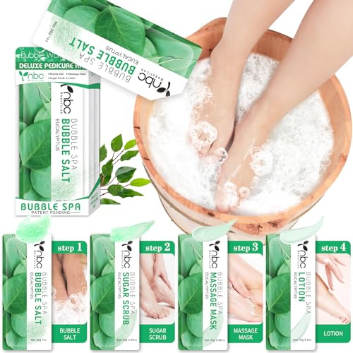 nbc BeautiLab Pedicure Kit Foot Soak Set: Bubble Salt, Sugar Scrub, Massage Mask, Massage Lotion in a Box, 4 Step Foot Spa Kit for Dry Feet,Tired Feet (1 Set Eucalyptus)