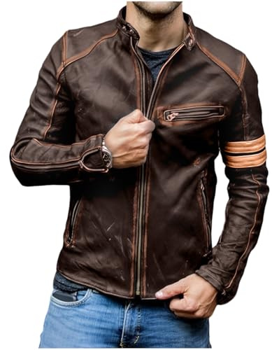 Jild Distressed Café Racer Brown Leather Jacket Men - Genuine Lambskin Leather Biker Style Mens Vintage Motorcycle Jacket (YP-Brn-XXL)