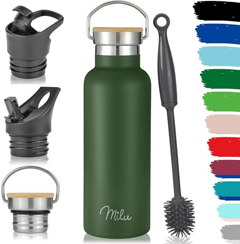 Milu Edelstahl Trinkflasche 350ml 500ml 750ml 1000ml (+3 Deckel) - Thermosflasche mit Strohhalm, Isolierte Wasserflasche, Auslaufsichere Isolierflasche doppelwandig (Olivgrün, 500ml)