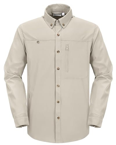 33,000ft Safari Hemd Herren Langarm Sportshemd UPF50+ UV Schutz Funktionshemd Atmungsaktiv Button-Down-Hemd mit Taschen für Wandern Angeln Reisen Khaki M