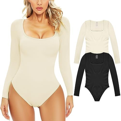 PASUDA Body damer långärmad bodysuit toppar dambody sexig stretch bodysuits underbody fyrkantig hals topp elegant långärmad body jumpsuit tanga ribbad, Svart + vit, M