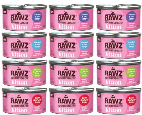 Rawz Natural Premium Kitten Pate Canned Cat Wet Food -12 Pack Cans Variety Flavor Pack -4 Flavors - (Salmon, Chicken, Tuna, Beef) Pets Can Lid - (2.8 oz Cans)
