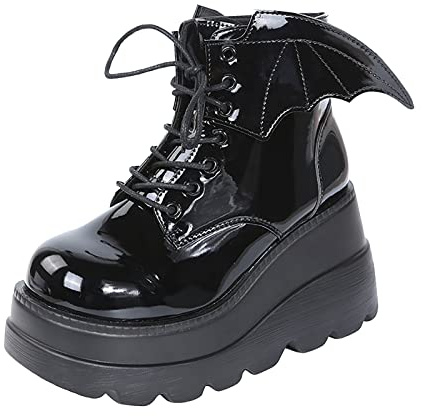 Goth Dark Bat Wing Ankle Boots for Women Chunky Sassy Wedge Platform Boot Round Toe Lace up High Heel Women Boot Punk Rave Low-Barrel Patent Leather Shiny Black Sales Clearance