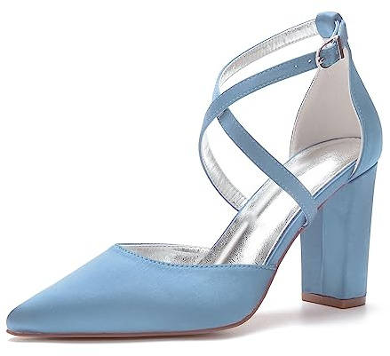 Femmes Talon Carré Chaussures De Mariée Escarpins À Lanières Satin Bout Pointu Chaussures De Mariage Fête,Sky Blue,39 EU