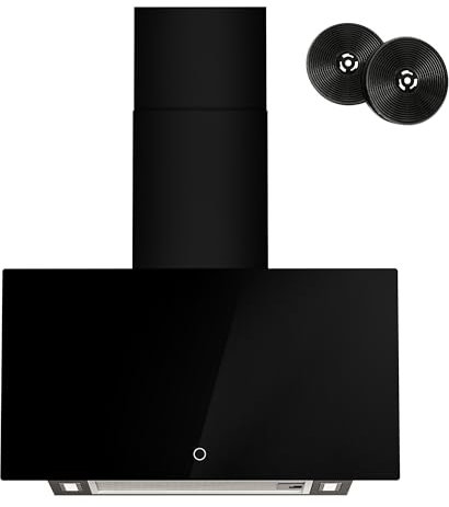 FIREGAS Campana Extractora 60 cm， Ahorro de Energía Motores sin Escobillas,Cristal Templado Negro,Succión 350m³/h,Táctil,3 Niveles de Potencia, Luz y Filtro de Carbono