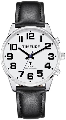 Men's Talking Watch, Analog Display, Voice Time/Date Reporting, Self-Adjusting Time, Alarm, Hourly Chime, TIMEURE-2309M (Black)