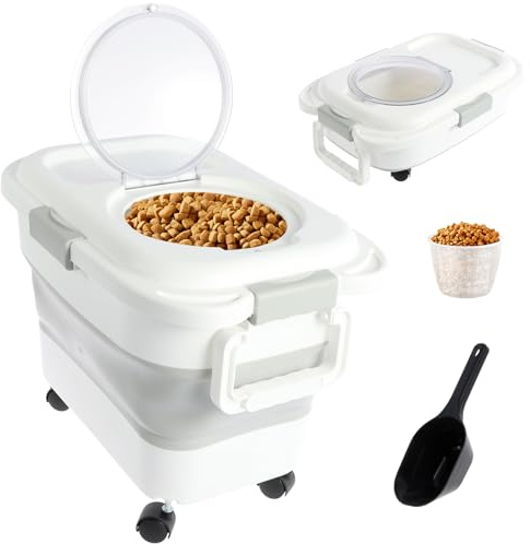 Contenitore ermetico per crocchette cane e gatto, scatola con ruote, manico, cucchiaio tazza misurazione, senza BPA, 45 x 29,5 x 27 cm