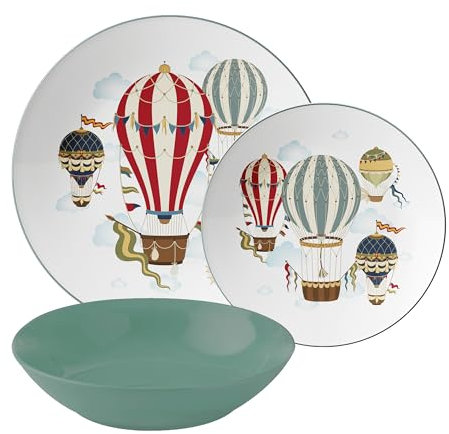 Servicio de Platos de 18 Piezas de Porcelana, Servido de Mesa Colorida para 6 Personas, Plato Hondo, Llano, de Fruta o Postre, Siseño de Globos Aerostáticos