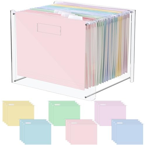 Dispowreath 24 Hanging File Folder with Acrylic Organizer for Letter/a4 Size Desktop Clear File Storage Box with Handles for Home Work Office Use(Macaroon,Classic)