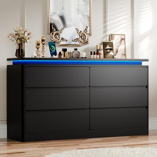 6 Drawer Dresser for Bedroom, 47.2 Long Black Chest of Drawers with Charging Station & LED Lights,Curved Profile Design,Double Wooden Closet Storage Cabinet,Modern Dresser TV Stand with Deep Drawers