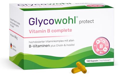 Glycowohl® Vitamin B Komplex hochdosiert - 140 Kapseln - Mit allen 8 B-Vitaminen (B1, B2, B3, B5, B6, B7, B9, B12) + Vitaminoiden Cholin & Inositol - Vegan & laborgeprüft mit Zertifikat