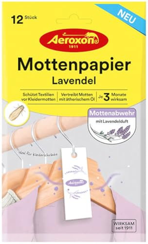 Aeroxon Mottenschutz Kleiderschrank 12 Mottenpapier - Effektiver Chemie gegen Motten, Lavendelduft, Mottenschutzpapier für Kleidung, Schrank & Textilien