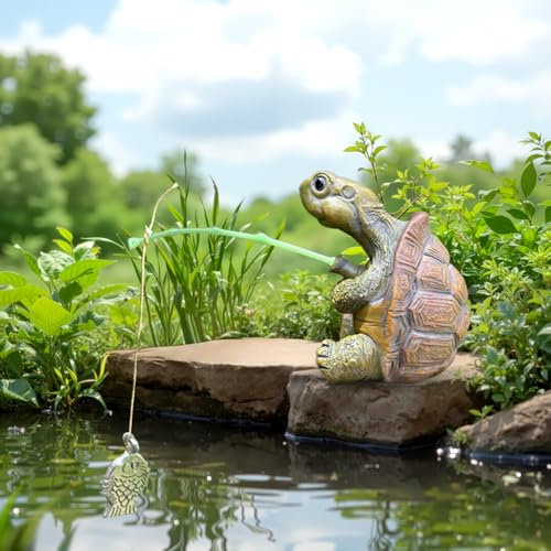 ARTGUTS Gartenteich Deko Angeln Harz Figur, Miniteich Angler für Garten Landschaft, Schildkröte Draußen Deko für Garten Balkon Terrasse Gartenteich Teichdeko Geschenk (Schildkröte)